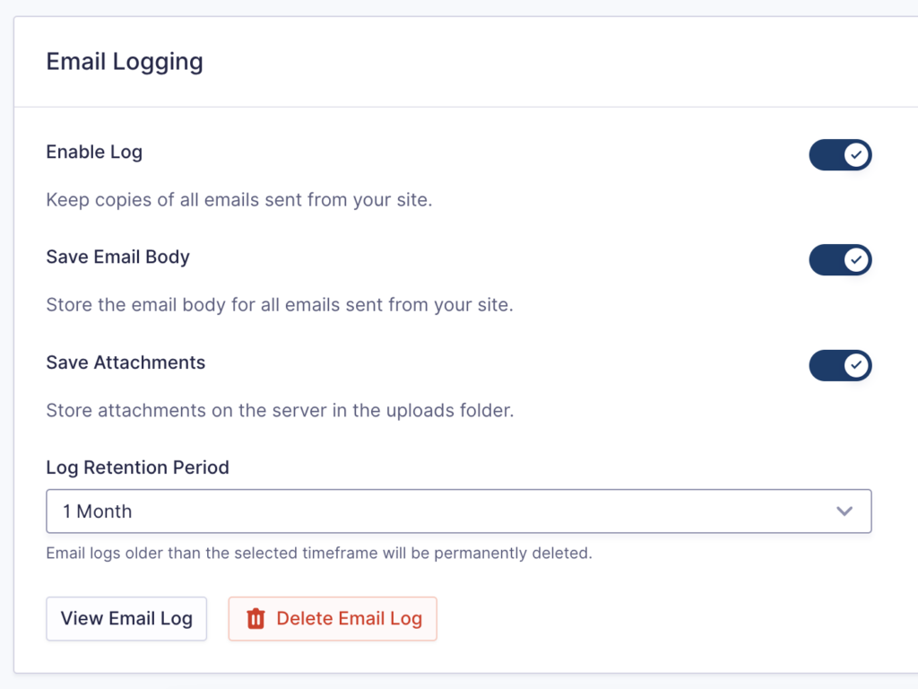 Image showing Email Logging settings for Gravity SMTP.