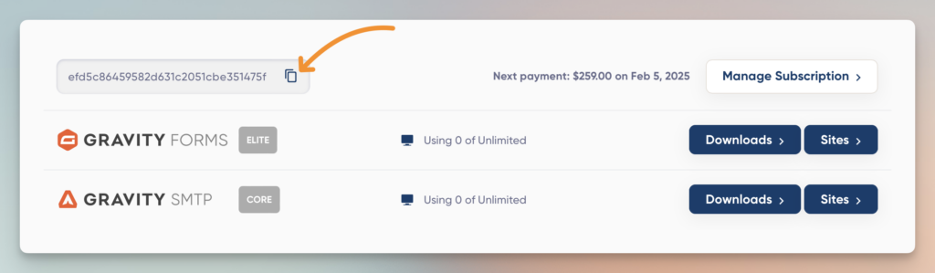 Gravity account screen showing the subscription license code.  