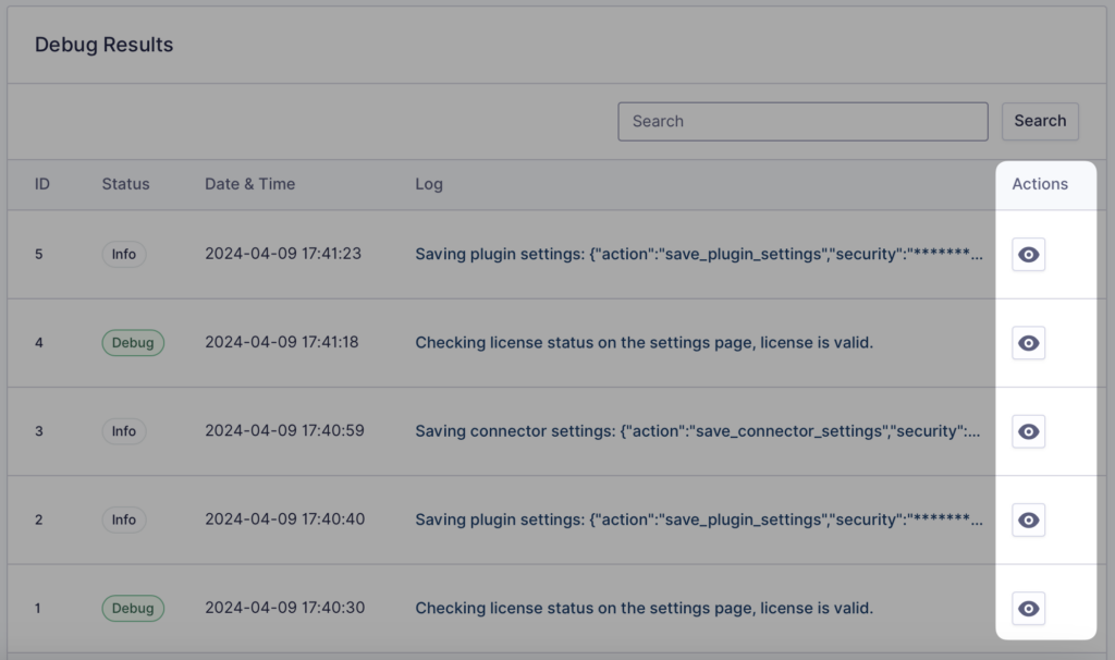 screenshot of the debug log actions in Gravity SMTP