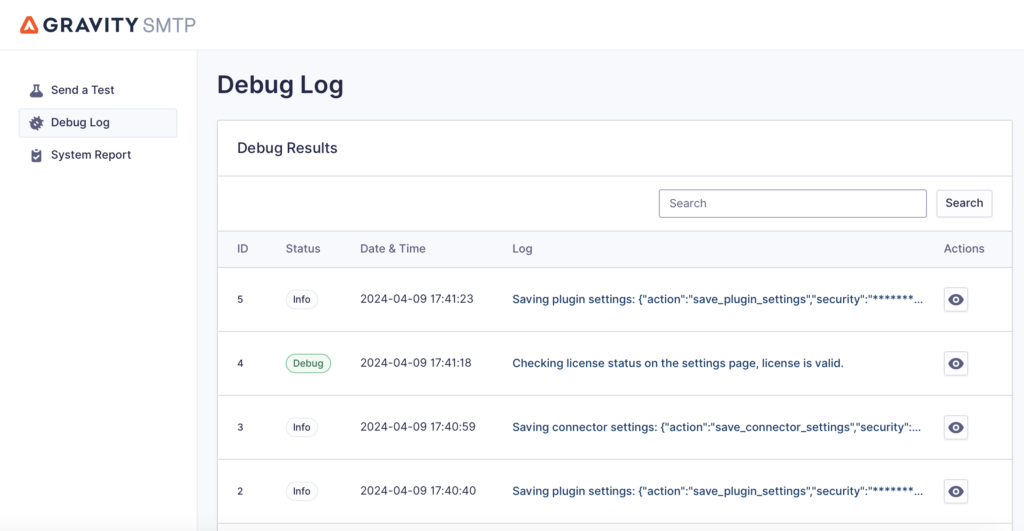 screenshot of the debug log screen in Gravity SMTP