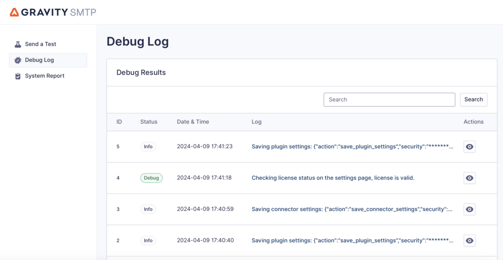 screenshot of the debug log in Gravity SMTP