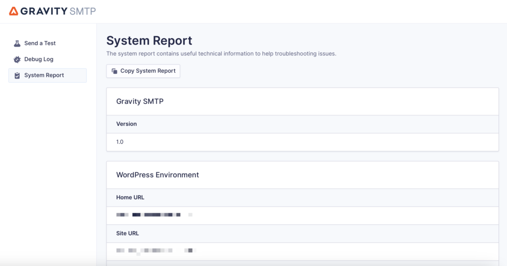 screenshot of the system report screen in Gravity SMTP
