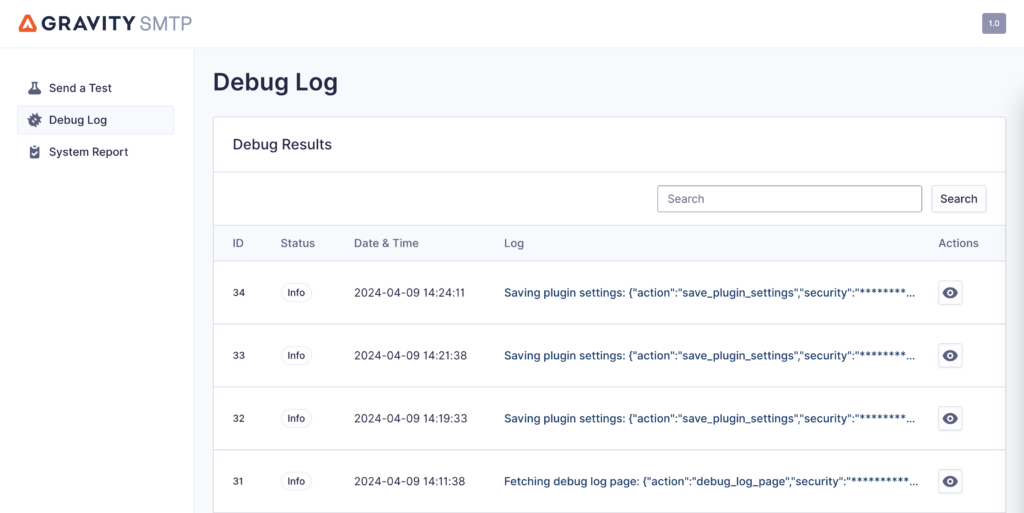 Debug Log within Tools menu in Gravity SMTP