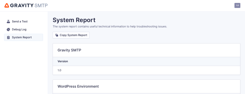 System Report within Tools menu in Gravity SMTP