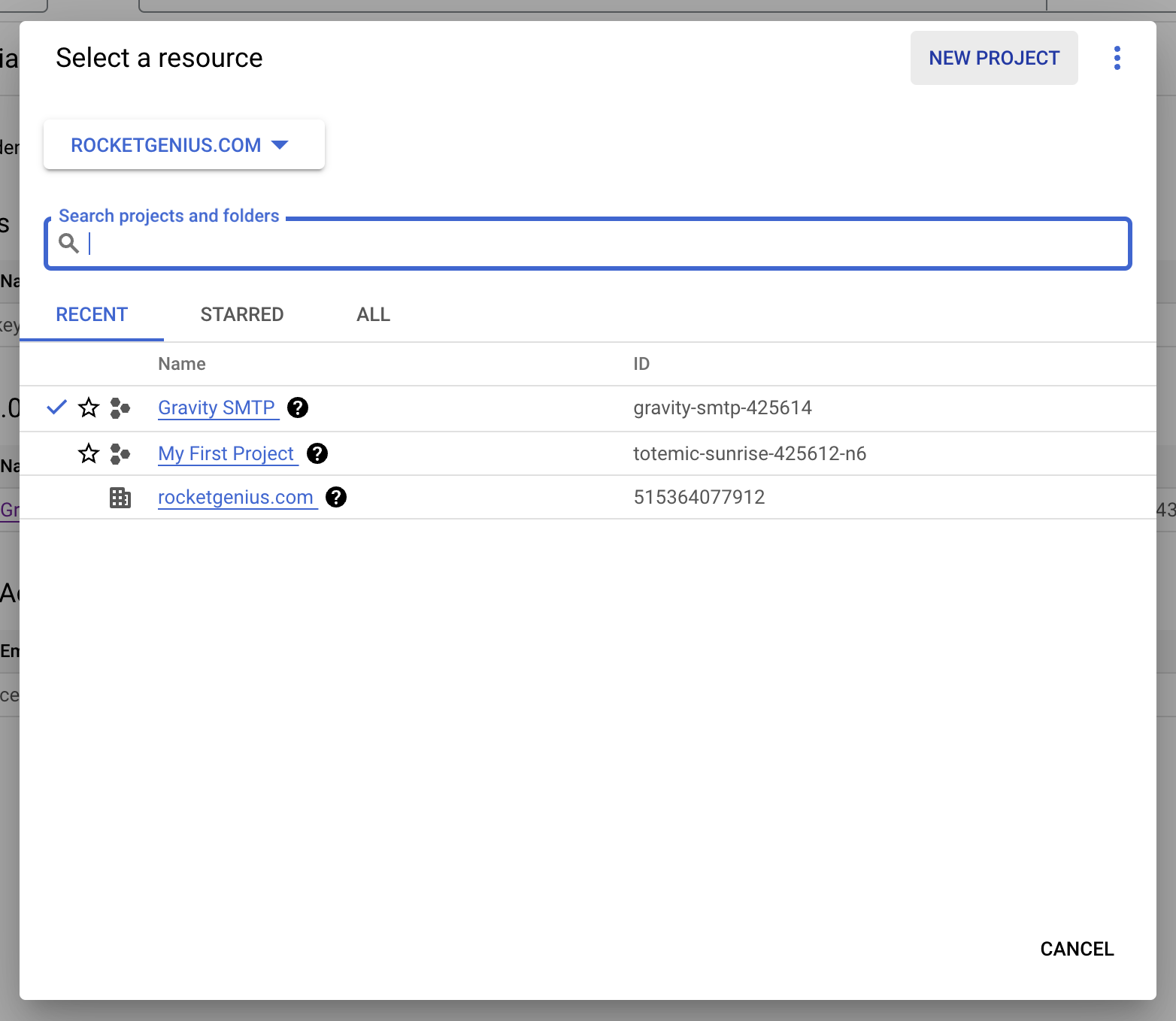 Image showing the Google Cloud Console screen to select an existing project or create a new project.