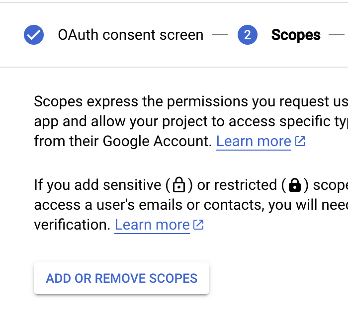 Image showing Scopes screen in the Google Cloud Console.