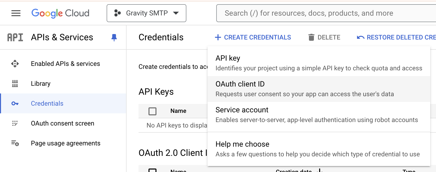 Image showing credentials screen in the Google Cloud Console.