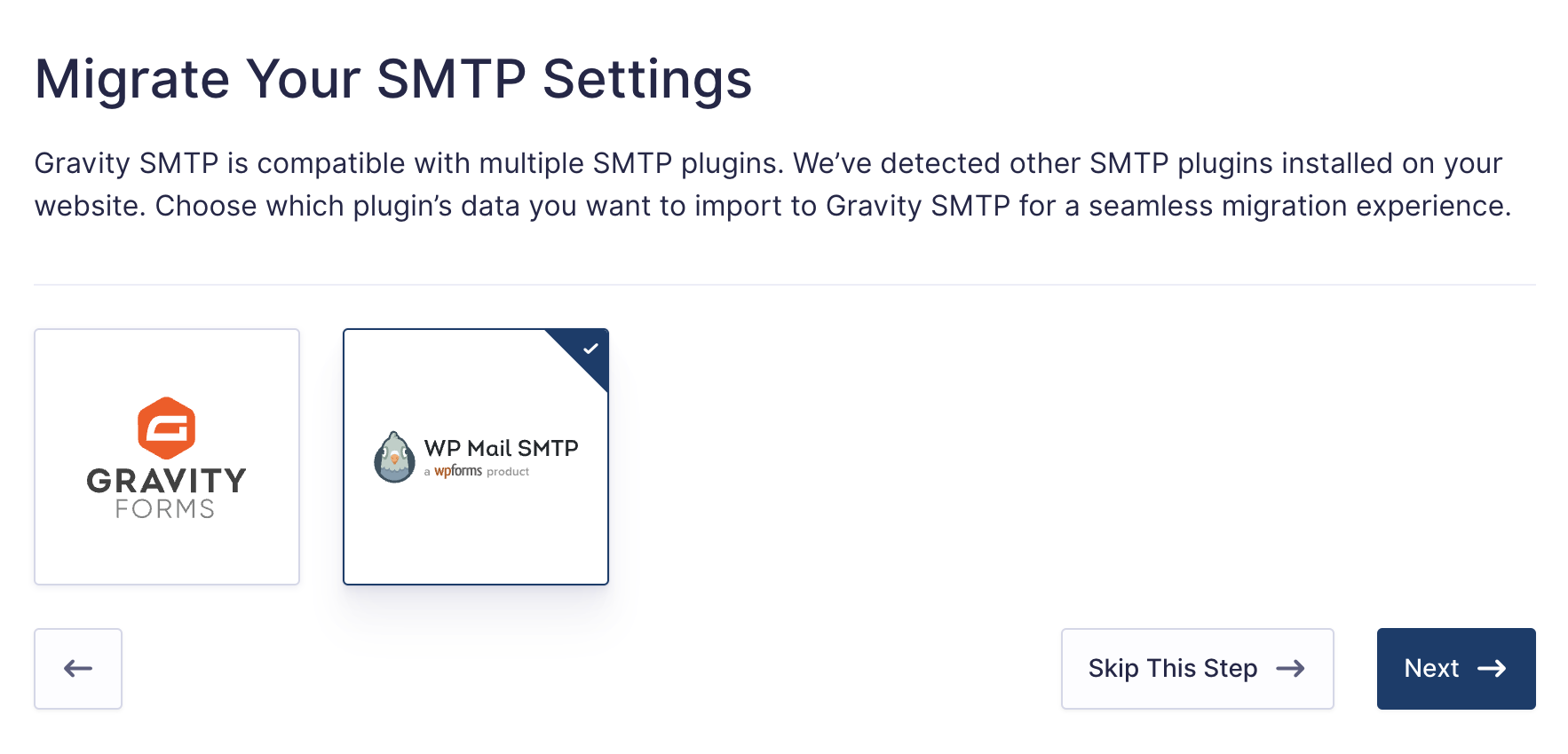 Image showing available migrations for Gravity SMTP