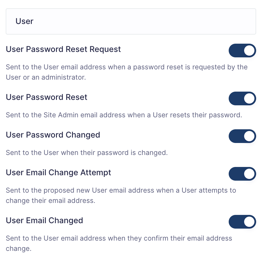 Image showing User Email management settings