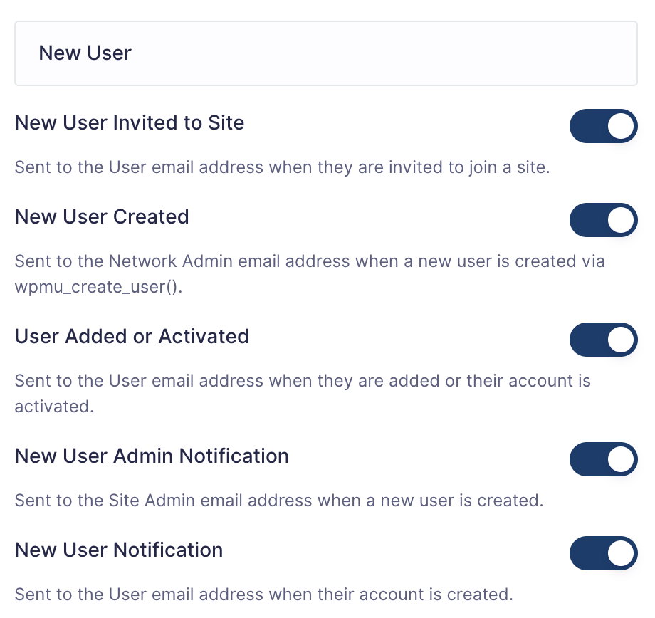 Image showing New User Email management settings