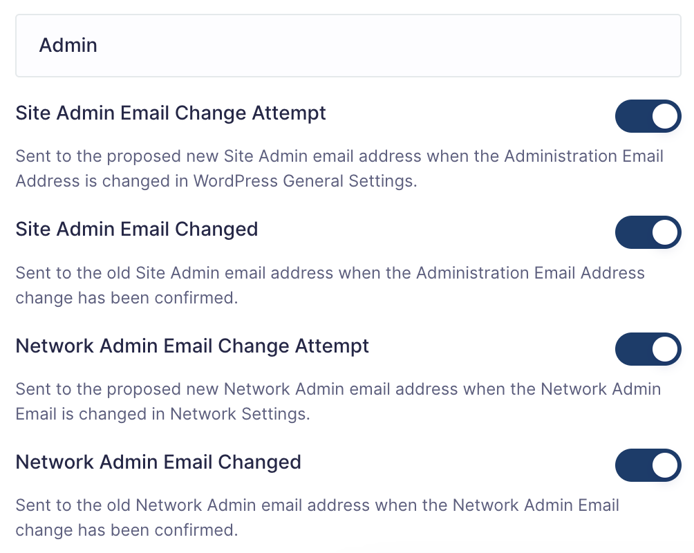 Image showing Admin Email management settings