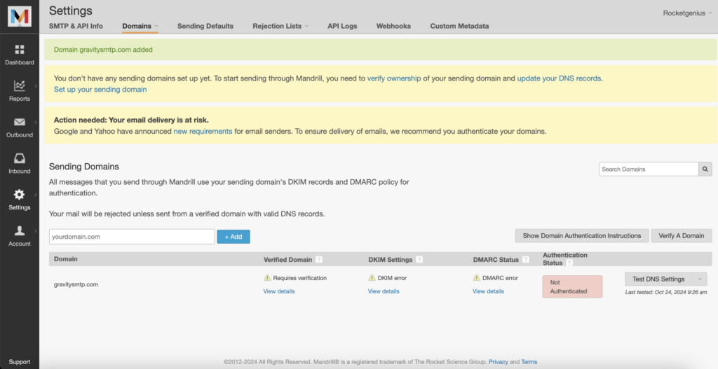 Image showing Mailchimp Transactional account panel with a new domain added