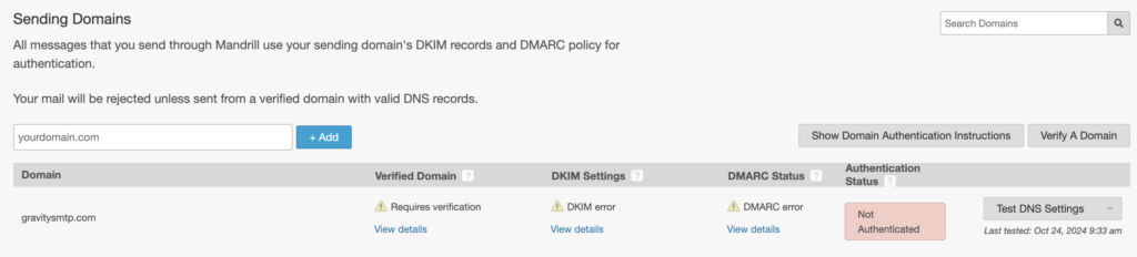 Image showing domain settings in the Mailchimp Transactional panel