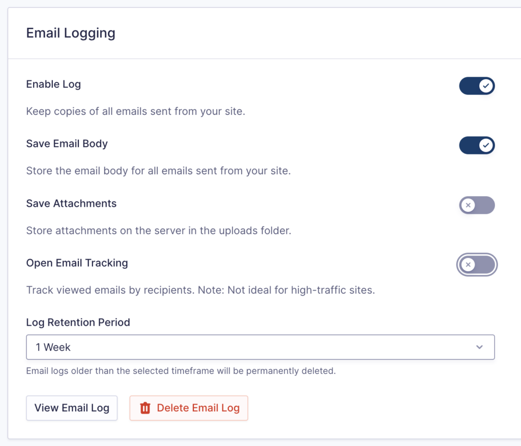 Image showing Email Logging settings for Gravity SMTP.