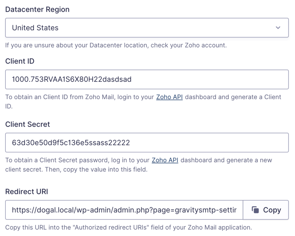 Image showing Zoho Mail Configuration Settings.