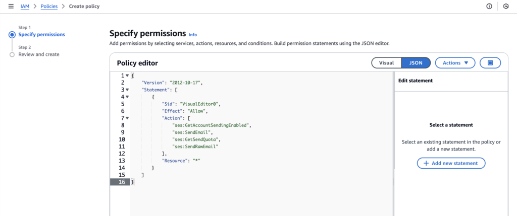 Image showing Amazon SES IAM policies in JSON.