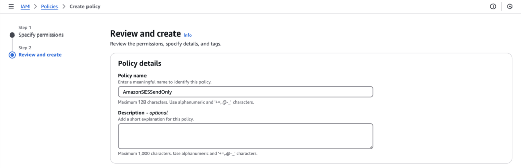 Image showing Amazon SES IAM policies name setting.