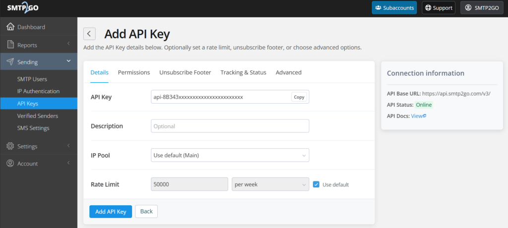 Image showing SMTP2GO API Keys screen