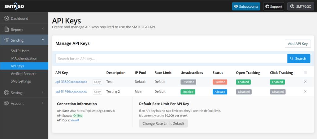 Image showing SMTP2GO API Keys screen