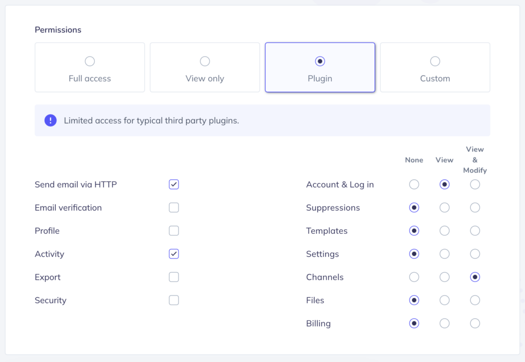 Image showing Elastic Email API Key permissions