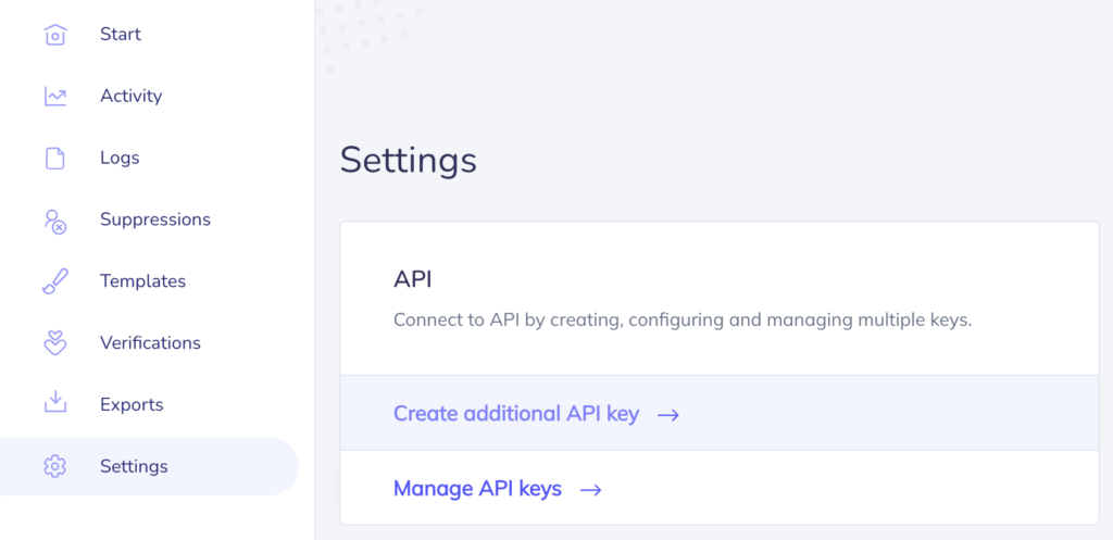 Image showing Elastic Email API keys screen