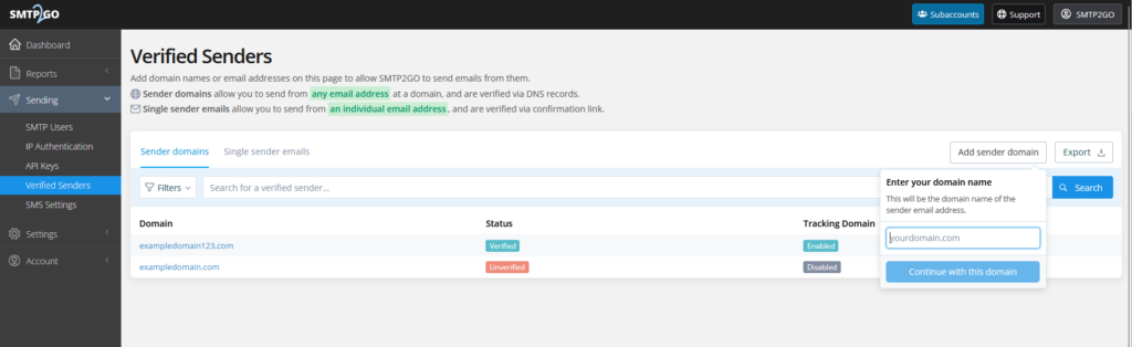 Image showing SMTP2GO App Verified Senders screen.