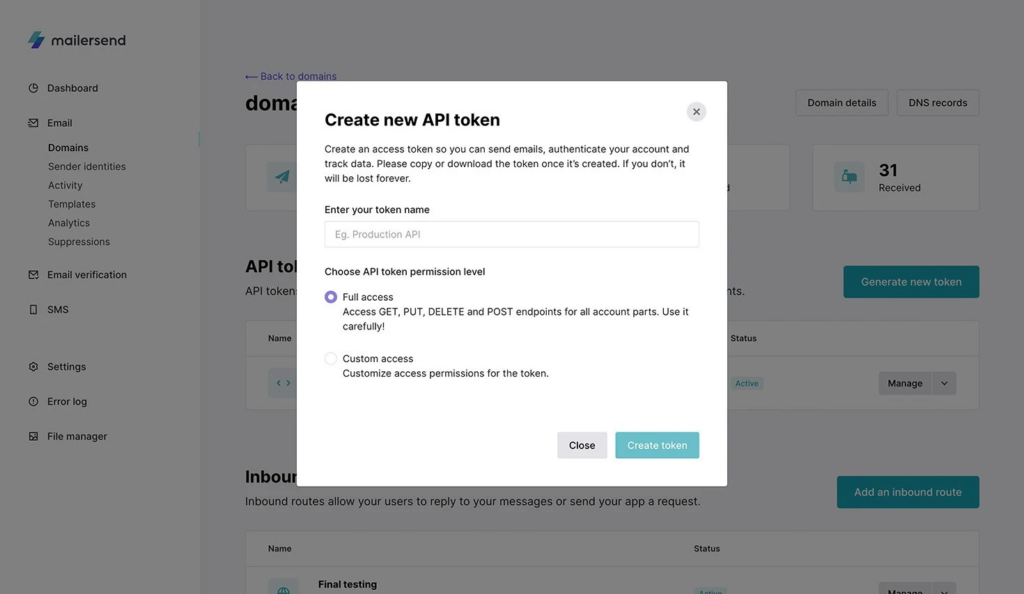 Image showing token management in MailerSend integration settings