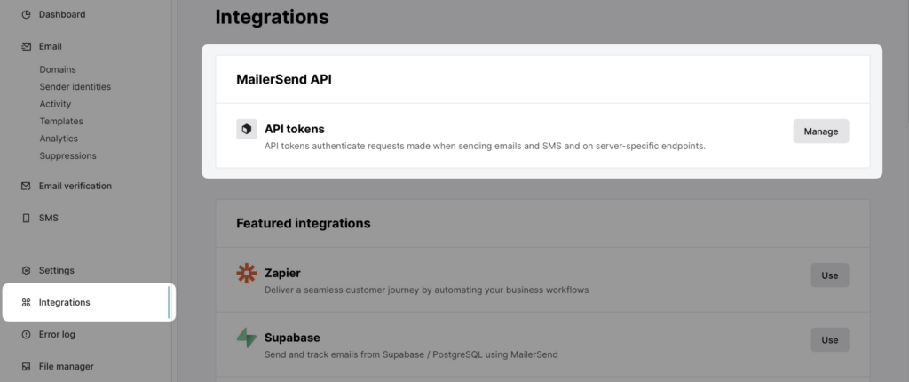 Image showing MailerSend API tokens screen