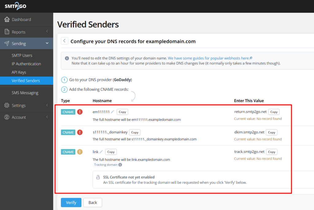 Image showing SMTP2GO App Verified Senders screen.