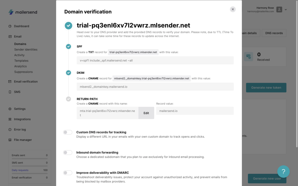 Image showing DNS settings for MailerSend