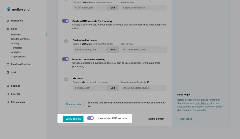 Image showing DNS settings for MailerSend