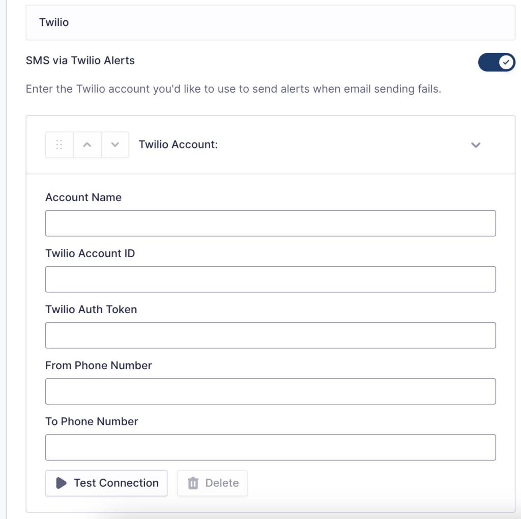 Image showing Twilio Alerts configuration settings