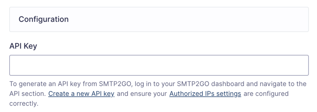 Image showing API Key settings for SMTP2GO