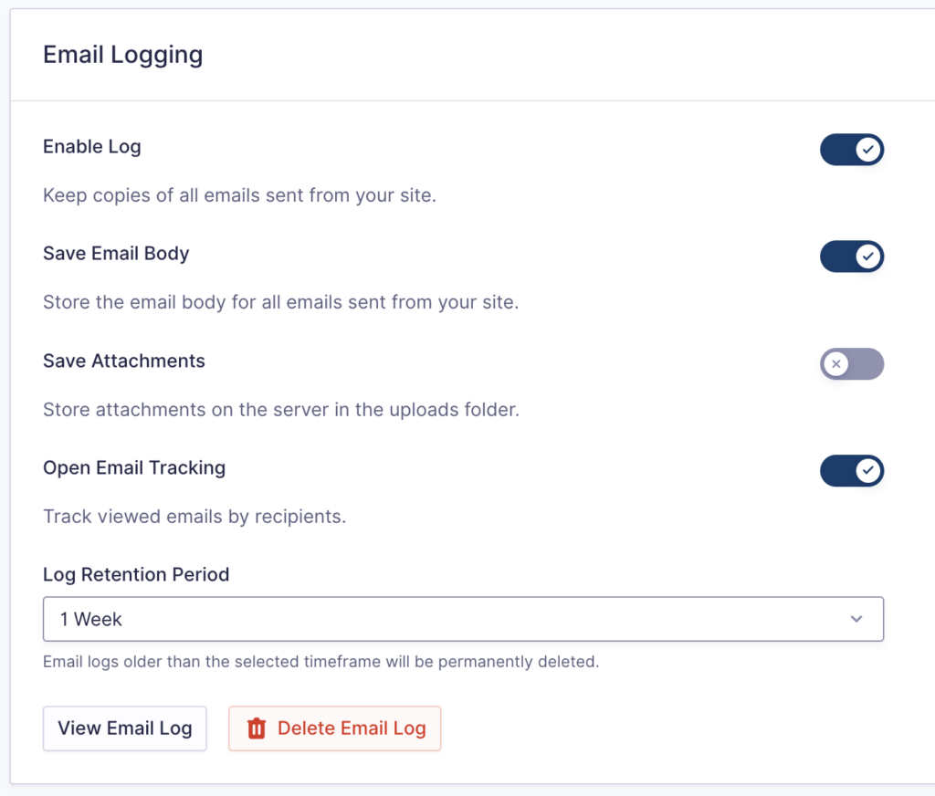 Image showing Email Logging settings for Gravity SMTP.