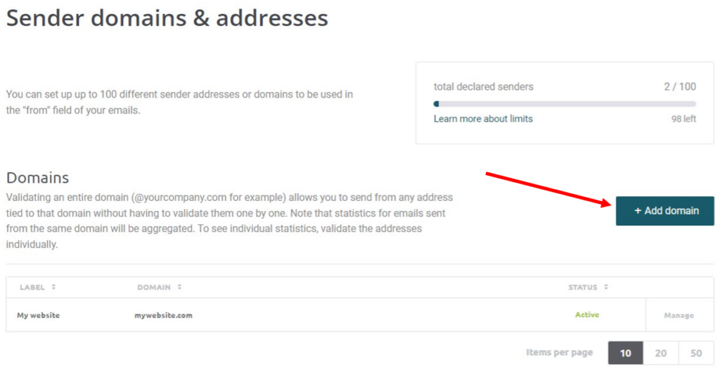 Image showing MailJet Sender domains & addresses screen