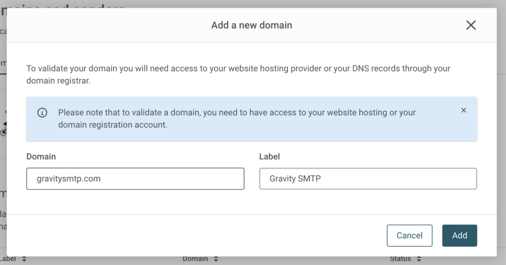 Image showing screen to add a new domain in Mailjet