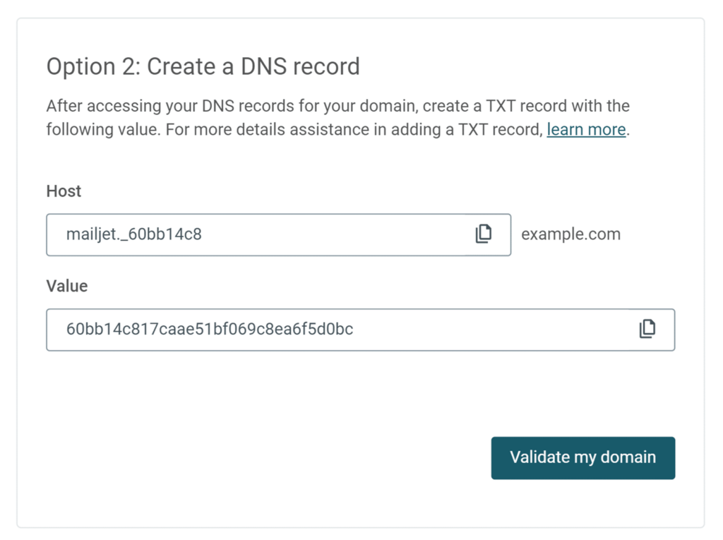 Image showing DNS domain settings for Mailjet