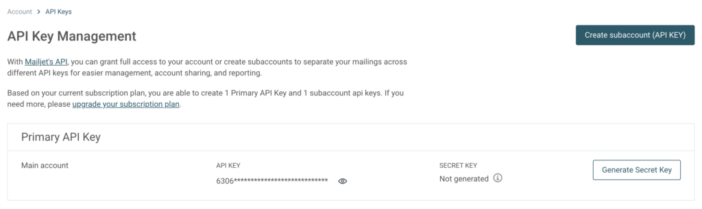 Image showing MailJet API keys screen