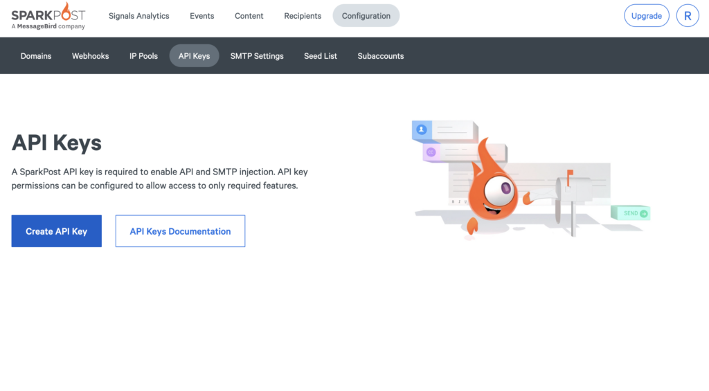Image showing SparkPost API keys screen