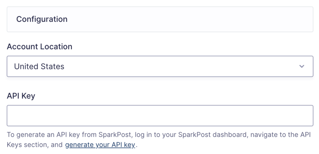 Image showing API Key settings for SparkPost