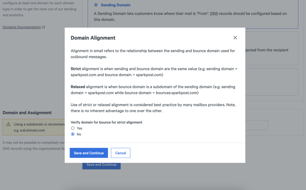 Image showing SparkPost screen to choose Domain Alignment