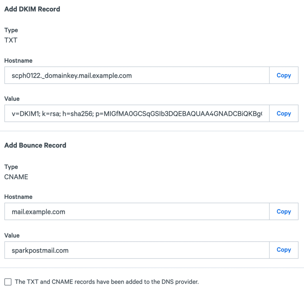 Image showing SparkPost screen related to DNS records when using a subdomain