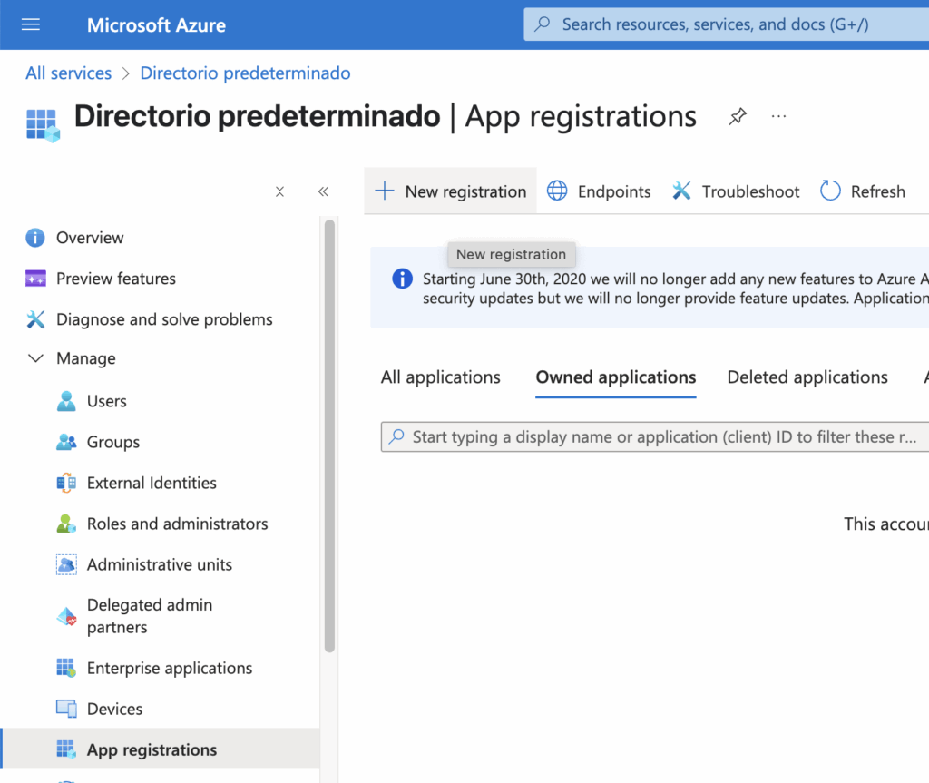 Image showing Azure Portal App Registrations screen