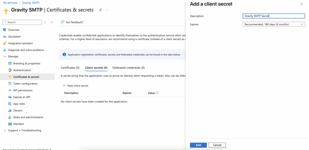 Image showing Azure Portal Certificates & Secrets screen