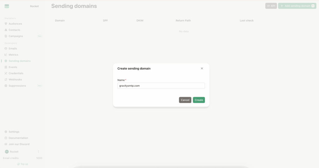 Image showing the EmailIt “Create Sending Domain” modal