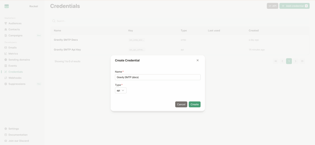 Image showing Emailit Dashboard Credentials screen