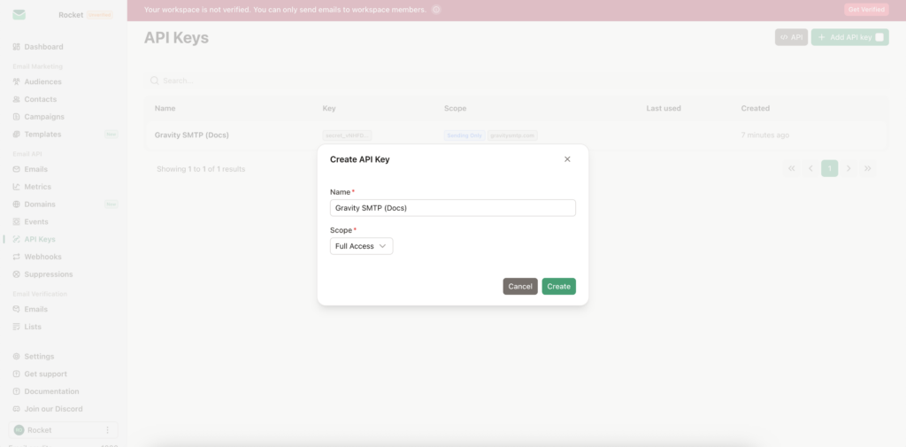 Image showing Emailit Dashboard API Keys screen