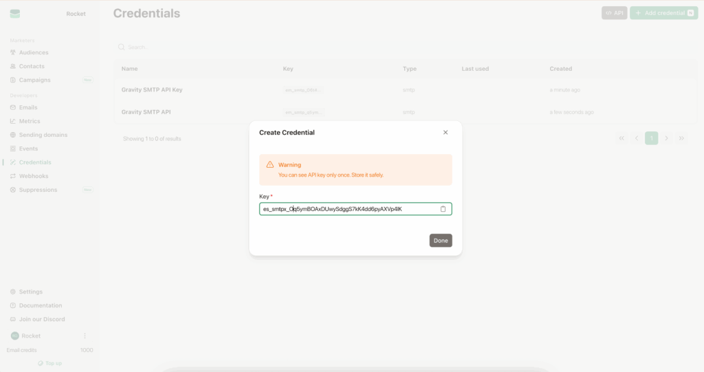 Image showing Emailit Dashboard Credentials screen