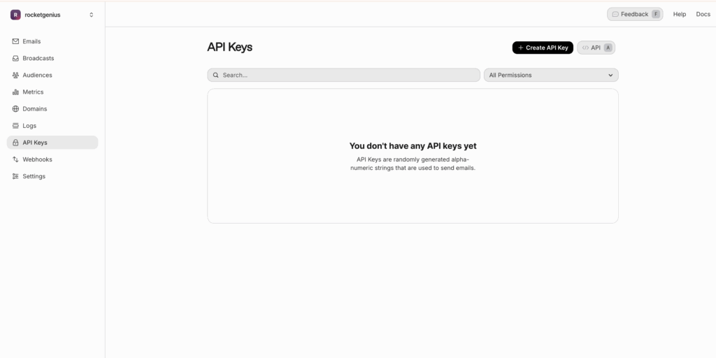 Image showing Resend Dashboard API Keys screen