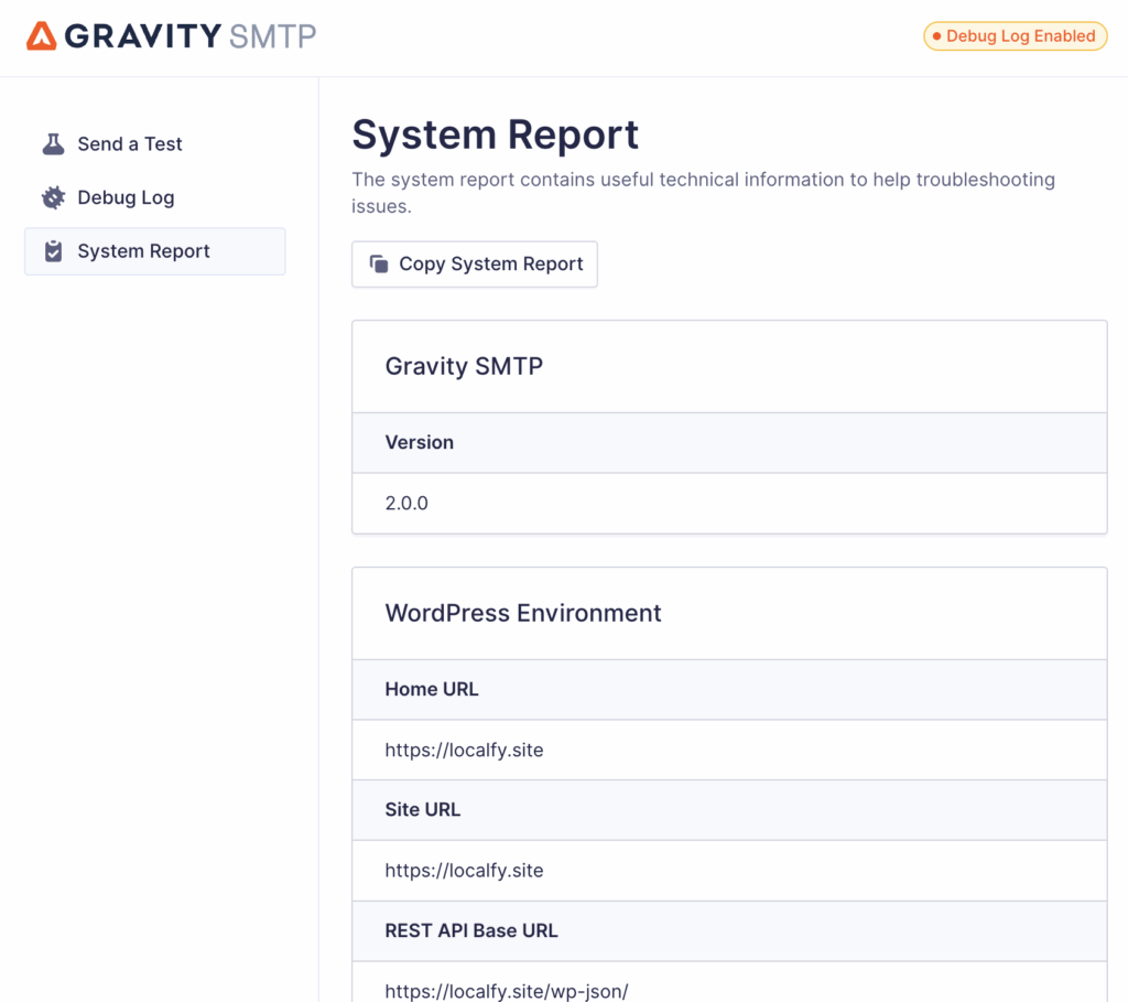 Screenshot of the system report screen in Gravity SMTP
